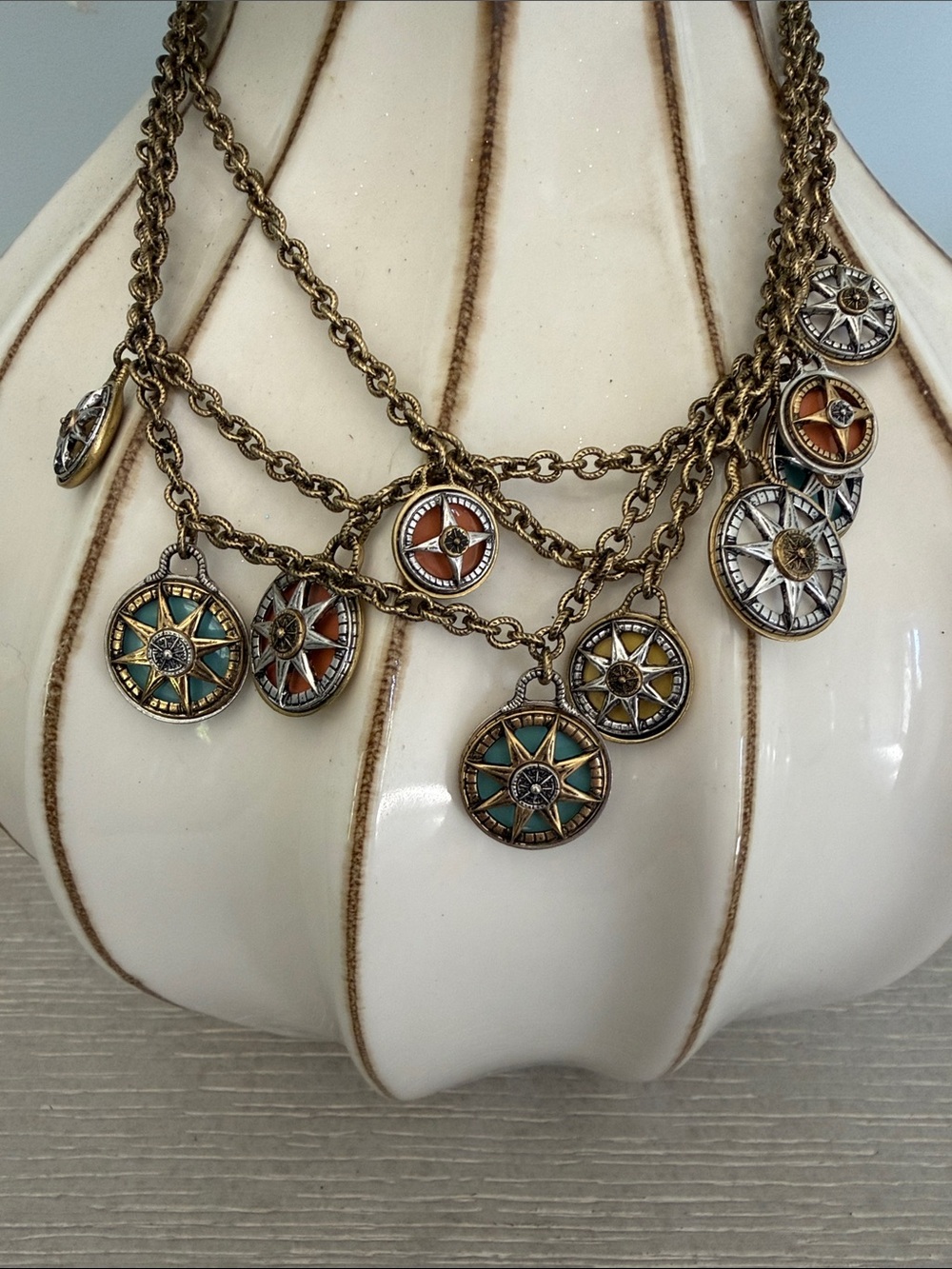 Patricia Nash Layered Compass Charm Necklace in Teal, Orange & Gold